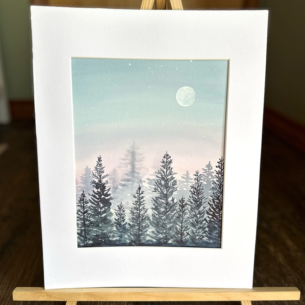 Hand-Made New Watercolor Art Evening and Trees